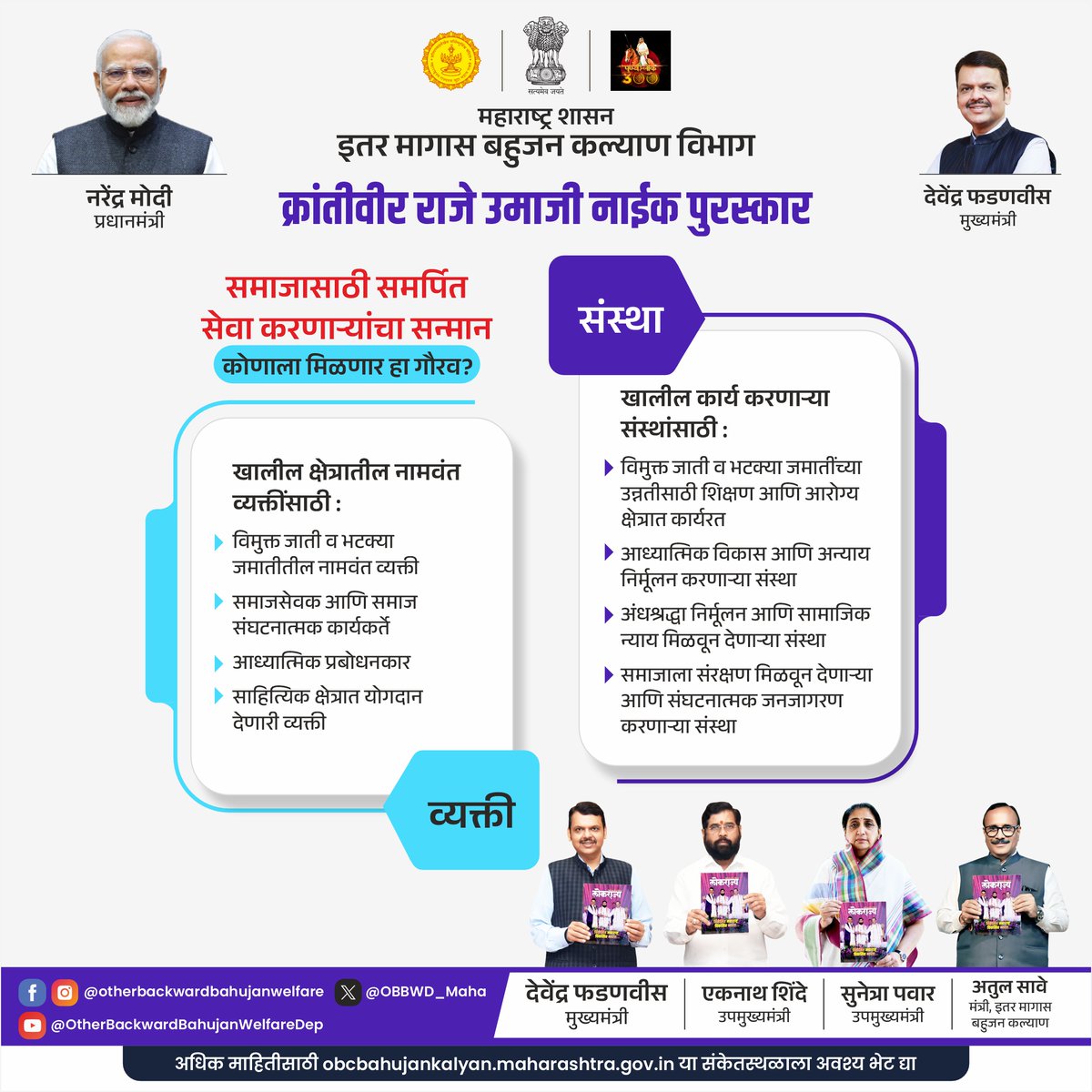 OBBWD_Maha's tweet photo. 'क्रांतीवीर राजे उमाजी नाईक पुरस्कार'

🔷 विमुक्त जाती व भटक्या जमातींच्या कल्याणासाठी काम करणाऱ्या व्यक्ती आणि संस्थांचा गौरव

🔗माहितीसाठी https://t.co/p1LU887pH9 

#क्रांतीवीरराजेउमाजीनाईकपुरस्कार 

@CMOMaharashtra @mieknathshinde @SunetraA_Pawar @save_atul @MahaDGIPR https://t.co/BWrfBH6F0F
