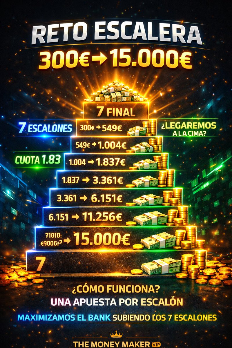 Voy a intentar convertir 300€ en 15.000€.

🪜 7 apuestas
🎯 cuota 1.83 cada una

Si subimos los 7 escalones…

300€ → 20.000€+