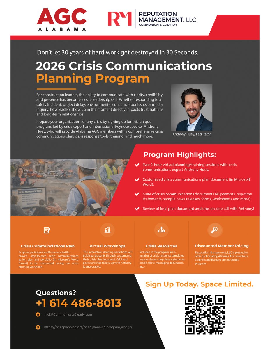 🚧Protect what you’ve built before a crisis strikes🚧

One incident can undo years of hard work. Be prepared with the Alabama AGC 2026 Crisis Planning Program led by crisis communications expert Anthony Huey.
Space is limited — sessions start soon. Register now.