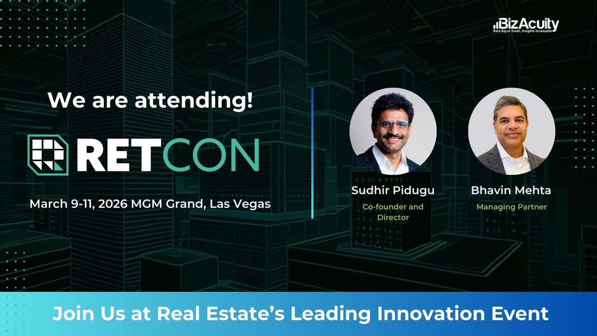 We are excited to share that BizAcuity will be at RETCON 2026 from March 9 to 11.

Sudhir Pidugu and Bhavin Mehta will be joining real estate owners, operators, and PropTech innovators for three days of forward looking conversations around portfolio intelligence, operational