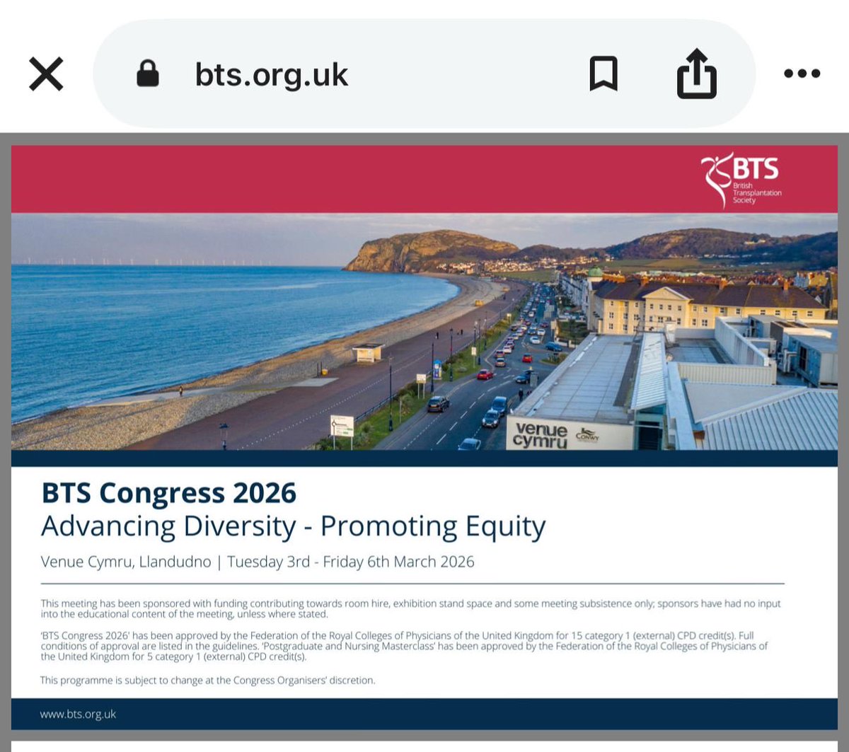 IndiaSoTx's tweet photo. BTS Annual Congress 2026 🔴 Join us in Llandudno, North Wales! 🌊 3-6 March, Venue Cymru. Focus on living donation &amp; best practices in kidney &amp; liver transplant in BTS - ISOT Joint session . #BTS2026 #Transplant ⁦@balwani__manish⁩ ⁦@SanjayKolte5⁩ ⁦@drvivekkute⁩ https://t.co/Lf2U5pJqi4