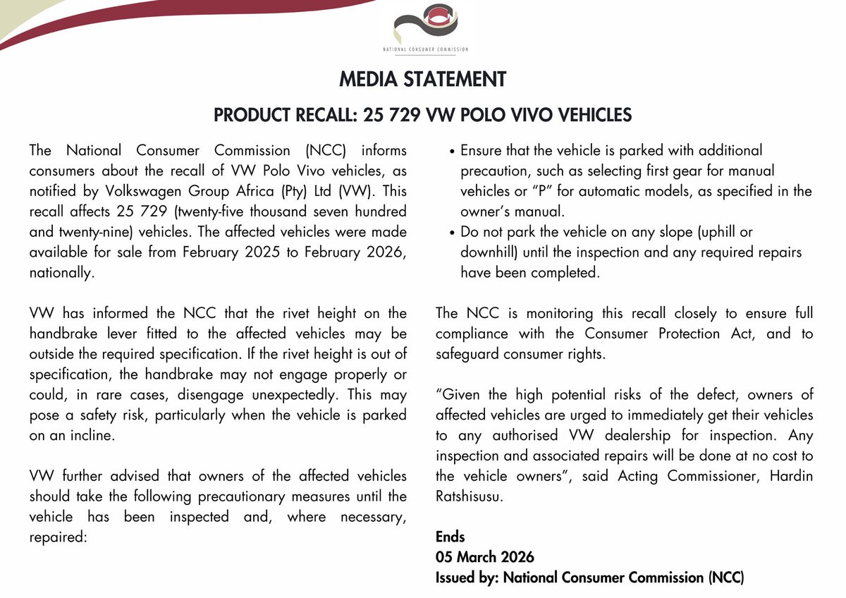 TheLegalAffair's tweet photo. Product Safety Recall: VW Polo Vivo (bought between Feb 2025 – Feb 2026). https://t.co/rsUAz3kfnI
