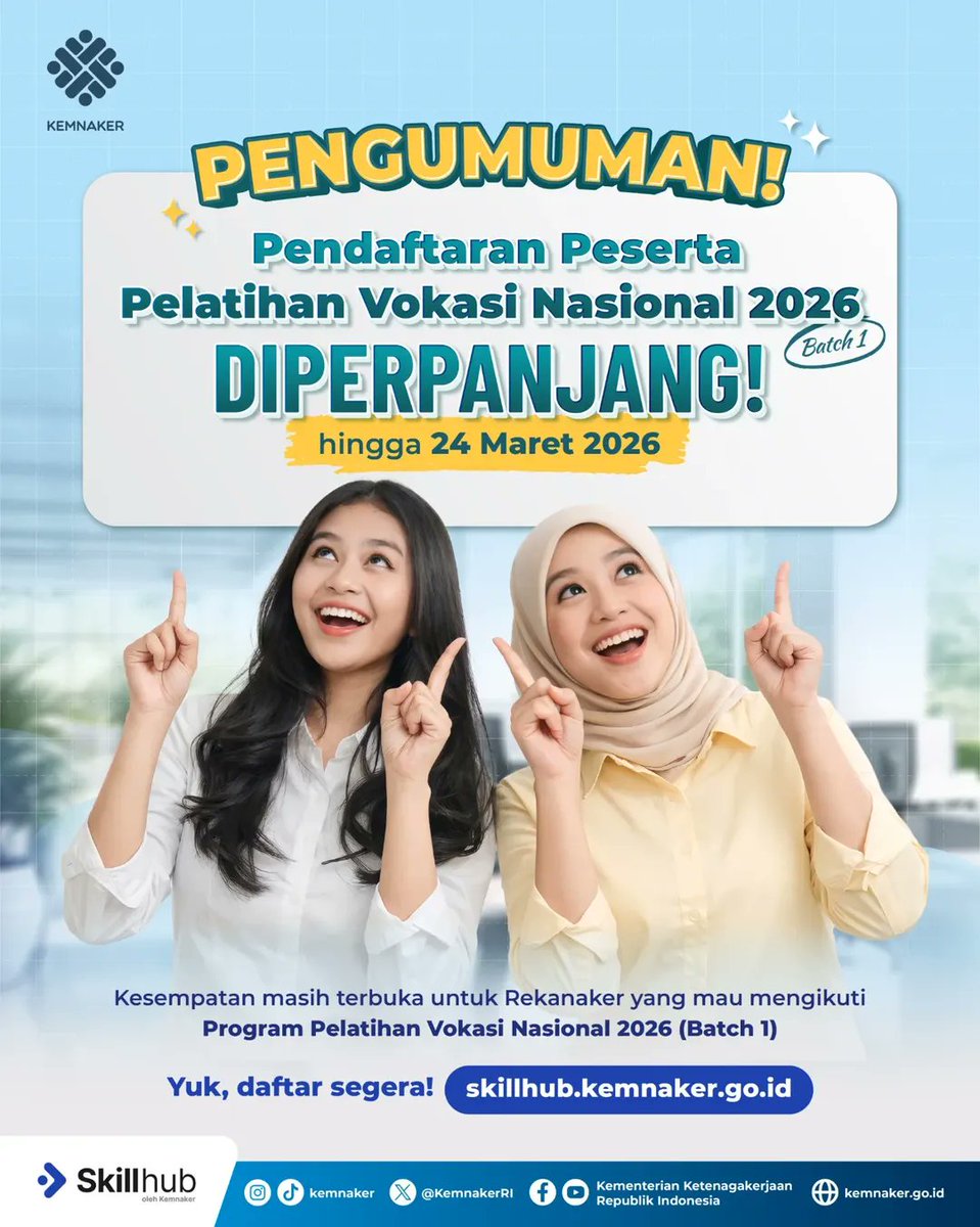Kabar baik, Rekanaker! 🎉 Pendaftaran Pelatihan Vokasi Nasional 2026 resmi diperpanjang sampai 24 Maret 2026. Buat Rekanaker yang belum daftar, ini kesempatanmu! Masih banyak pilihan kejuruan buat upgrade skill dan nambah kompetensi.