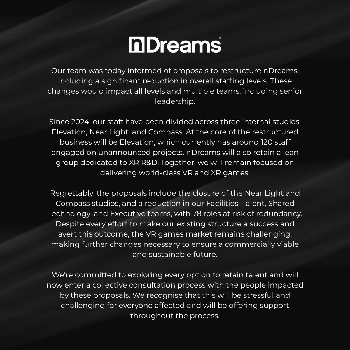 psvrnewsx's tweet photo. nDreams Announces Significant Restructuring, Job Cuts, and Closure of Two VR Studios!
nDreams has developed titles such as Synapse and Reach for PSVR2, and some games for PSVR1!
#psvr #psvrnews #playstation #psvr2 #psvr2games #psvr2news #PS5 #playstationVR #PlayStation5 https://t.co/ZSwe7GWBc7
