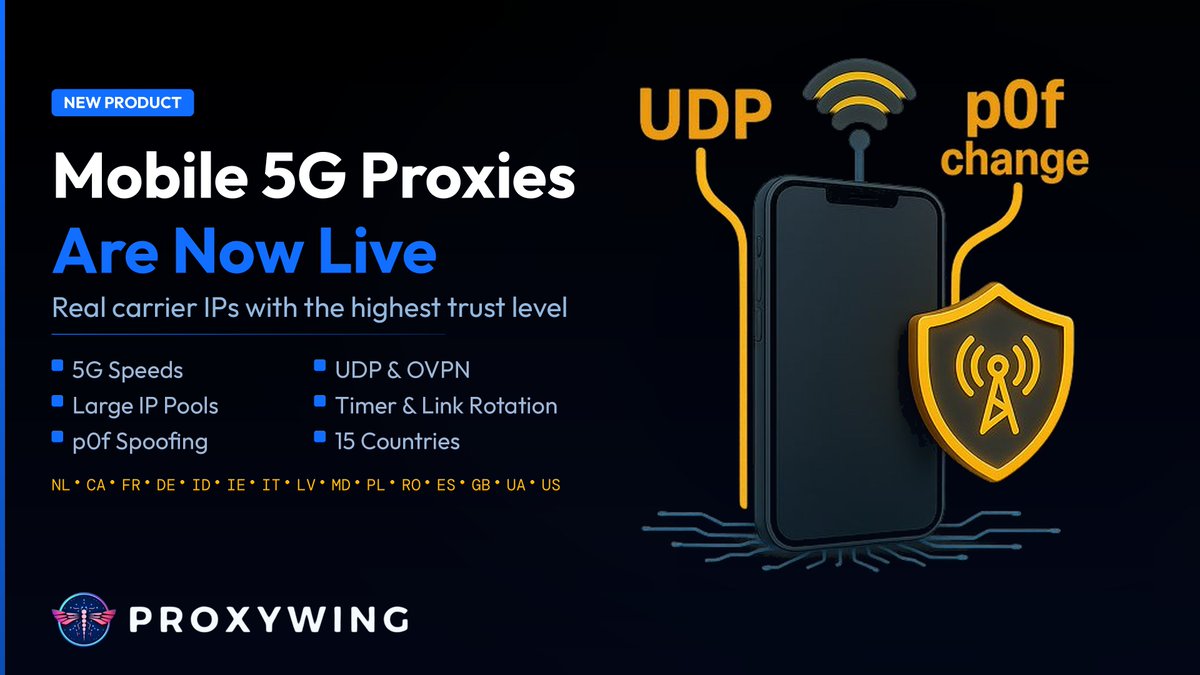 proxywing_'s tweet photo. →15 countries live — from the US &amp; UK to Indonesia
→Real 5G speeds + large IP pools
→ UDP &amp; OVPN support
→ Rotation by timer or link
→ p0f fingerprint spoofing
→Highest trust level of any proxy type

Get your Mobile Proxies now!
https://t.co/Ipb0YEmaYX https://t.co/zrtGxeMYw1