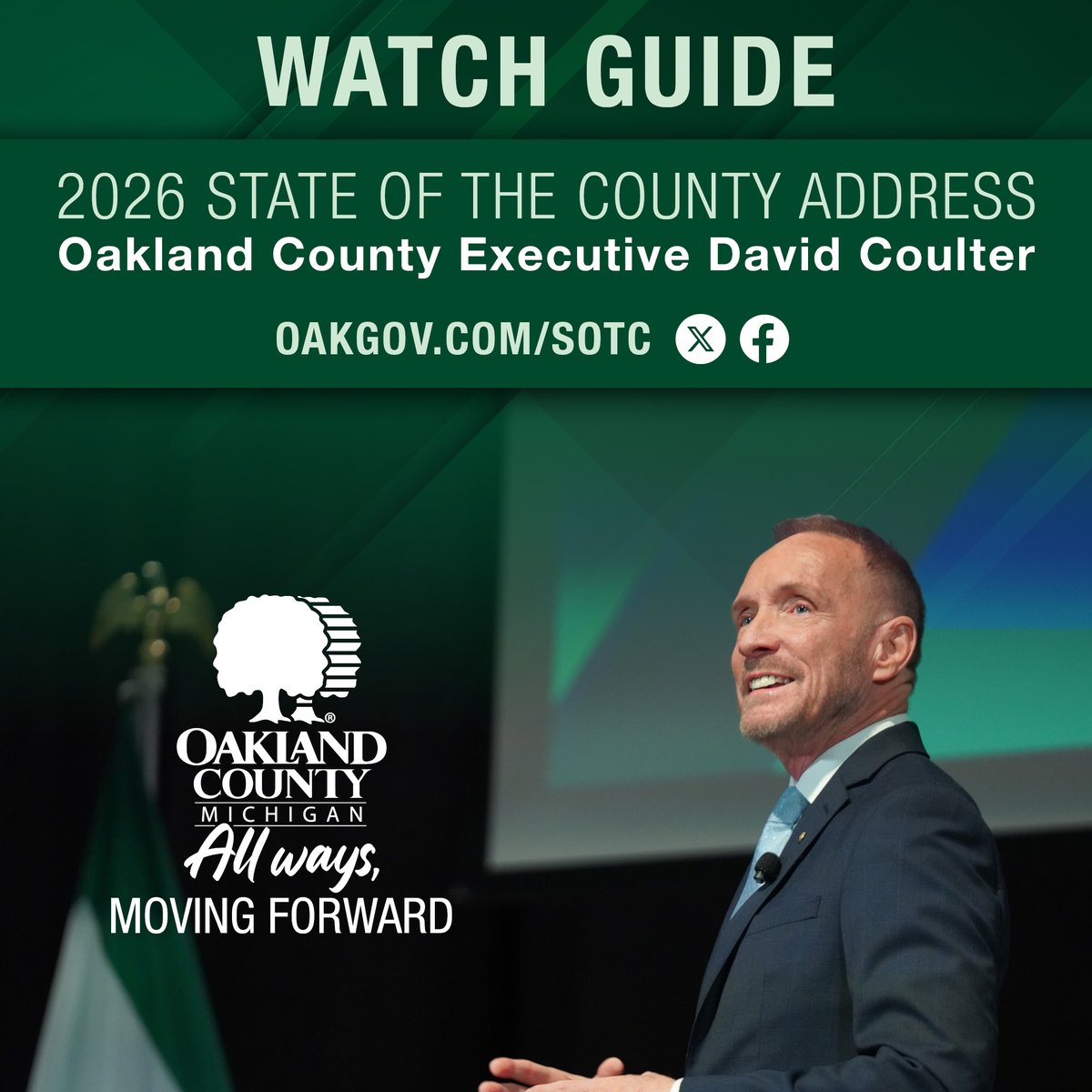 OakGov's tweet photo. The future of #OaklandCounty is being discussed tonight. ✨ Tune in to @OakGovEO's 2026 State of the County Address at 7 p.m. Hear the vision for how we are #AllWaysMovingForward. For ways to tune in, visit: https://t.co/paLRz0cYuz. Join the conversation online using #OCSOTC26. https://t.co/xvPoBVH0Ds