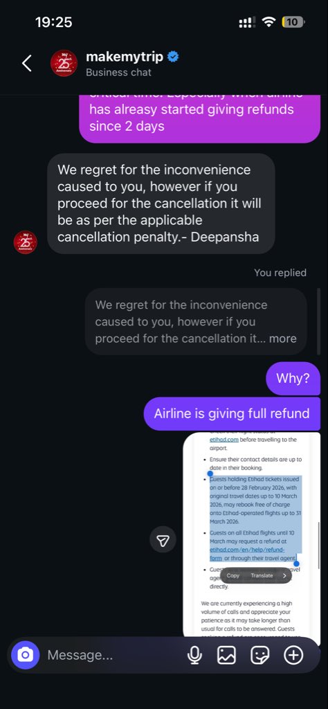 arora9818's tweet photo. .@makemytrip scamming customers.

I booked an @etihad flight via MakeMyTrip with a layover in Abu Dhabi for 8 March. Due to the current situation, Etihad is offering customers a full refund or free date change, but MakeMyTrip is refusing both.

Attaching screenshots as proof. https://t.co/0mO2kkugOa