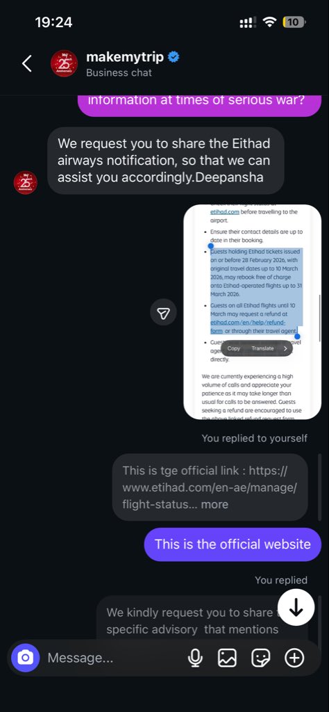 arora9818's tweet photo. .@makemytrip scamming customers.

I booked an @etihad flight via MakeMyTrip with a layover in Abu Dhabi for 8 March. Due to the current situation, Etihad is offering customers a full refund or free date change, but MakeMyTrip is refusing both.

Attaching screenshots as proof. https://t.co/0mO2kkugOa