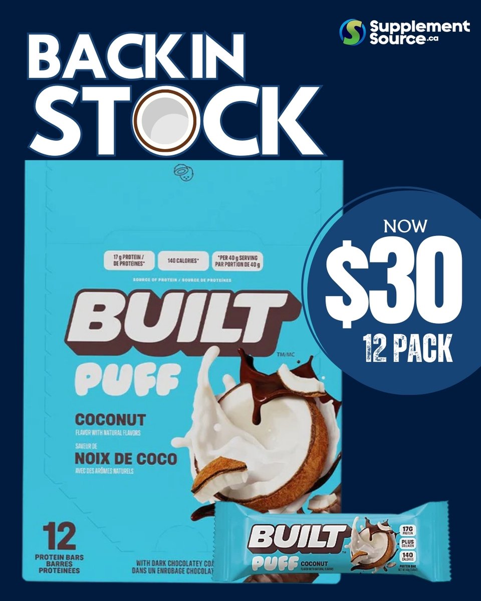 suppsourceca's tweet image. 🔥 BACK IN STOCK 🔥

BUILT PUFF Bars – Coconut

💪 17g Protein
🔥 140 Calories
🍫 Dark Chocolate Coated
🥥 Coconut Flavour

NOW $30 | 12 Pack

Grab yours now at SupplementSource.ca.

#BuiltPuff #BuiltBar #ProteinBars #HighProteinSnack #HealthySnacking #ProteinSnack