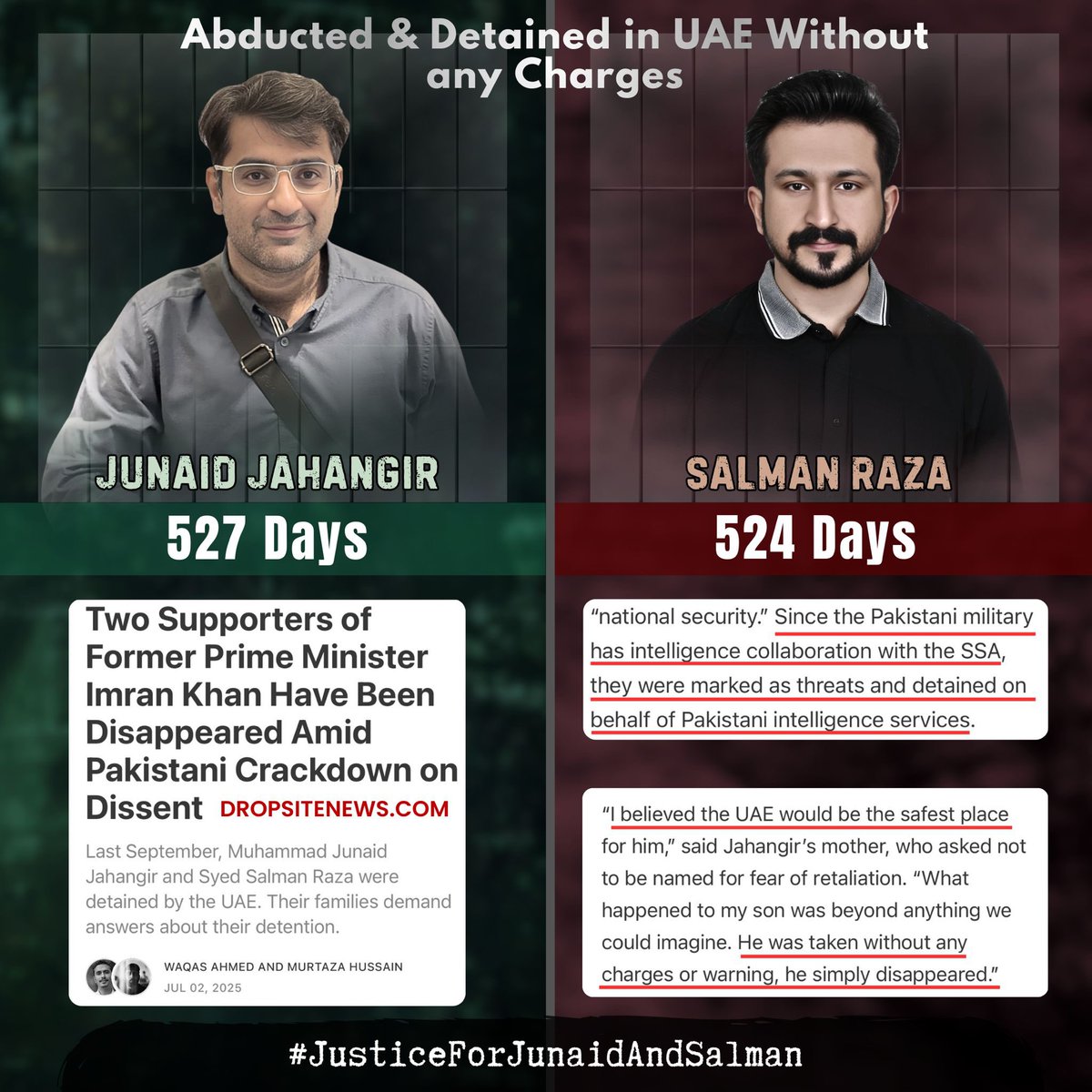 جنید جہانگیر اور سلمان رضا کے لیے اواز اٹھائیں 
جنید جہانگیر اور سلمان رضا کا جرم نظریہ عمران خان سے وفا اور پاکستان سے محبت ہے

اسی جرم کی وہ پچھلے دو سالوں سے سزا برداشت کررہے ہیں