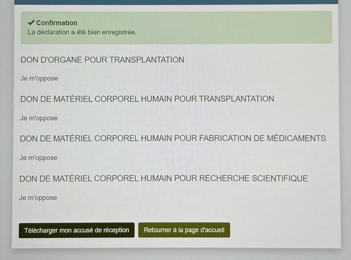 Rappel Important 🇧🇪

En Belgique, on est donneur d’organes par défaut à notre mort (loi du consentement présumé).

Si vous êtes contre (raisons religieuses ou perso), vous devez enregistrer votre OPPOSITION officiellement. 

Le site : masante.belgique.be
