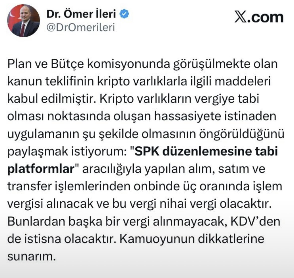 Sektörden gelen geri dönüşler dikkate alınarak TBMM Plan ve Bütçe Komisyonu’nda kripto varlıkların vergilendirmesi konusunda aşağıdaki şekilde değişiklik yapılarak düzenleme kabul edilmiştir. 👇

#kripto #vergi #vergilendirme #bitcoin #btc