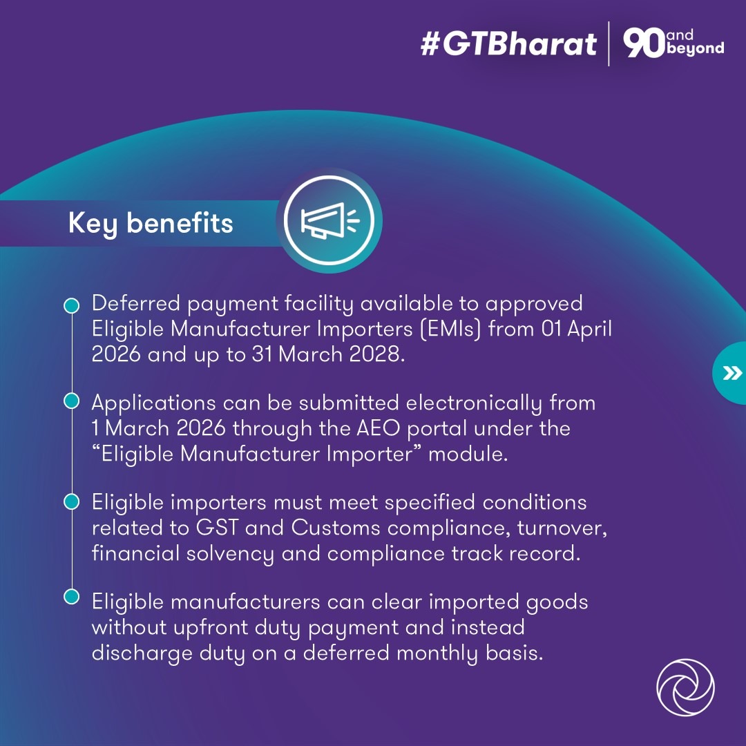 GrantThorntonIN's tweet image. Pursuant to the Union Budget 2026–27 announcement, CBIC has extended the deferred payment facility for Customs duty to Eligible Manufacturer Importers.

Click here to read our tax alert: brnw.ch/21x0tL9

#Customs #ManufacturingIndustry #ImportPolicy #GST #CBIC