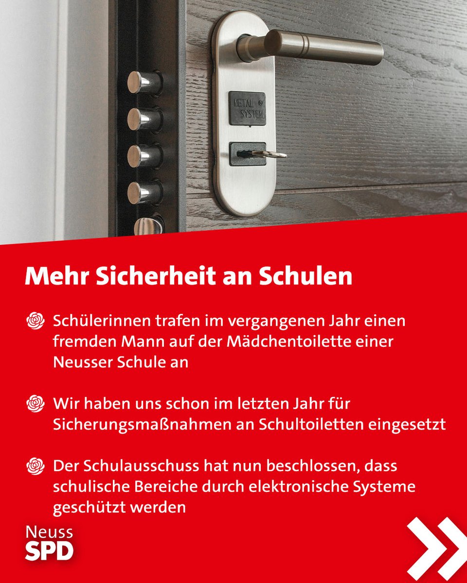An 14 Neusser Grundschulen🏫sichern künftig elektronische Schließsysteme💳die Toiletten – auf unsere Initiative. Nach Vandalismus forderten wir mit den Grünen mehr Sicherheit🔐. Mehr zum Thema findest Du hier ℹ:
spd-neuss.de/2026/03/05/meh…