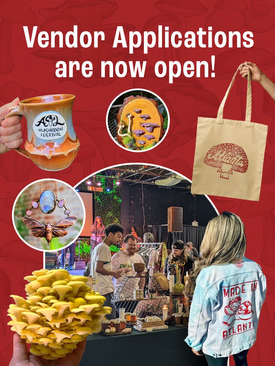 🍄 Vendor applications are now open for the May 3 Atlanta Mushroom Festival &amp; Conference!

Spaces are limited and reviewed in order received.

Apply to showcase your goods, products or art.

AtlantaMushroomFestival.com

#AtlantaMushroomFestival
#ATLMushroomFest
#ATLMushFest