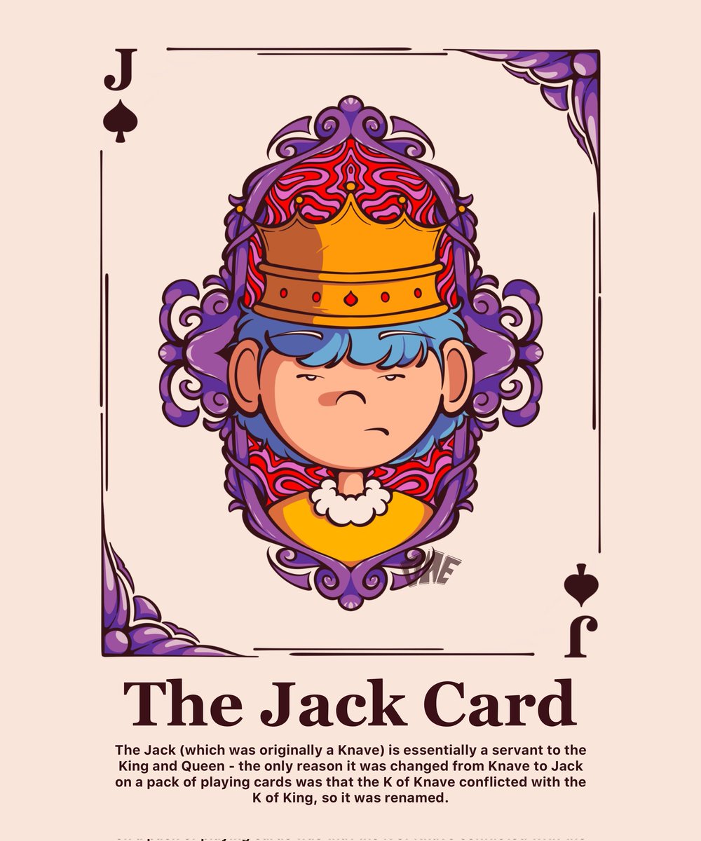 BijiBd's tweet photo. THE JACK CARD 🃏
The Jack (which was originally a Knave) is essentially a servant to the King and Queen - the only reason it was changed from Knave to Jack on a pack of playing cards was that the K of Knave conflicted with the K of King, so it was renamed.
#illustration #cartoon https://t.co/t3wUmKAHJ6