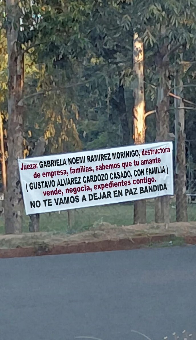 LaRed_Py's tweet photo. PUTERIO EN CDE 🔥

Esta mañana amanecieron pasacalles por toda la ciudad denunciando a la jueza Gabriela Noemí Ramírez Morínigo (con denuncias ante el JEM) y al abogado Gustavo Álvarez Cardozo. 

🚨Se les acusa de vender y negociar expedientes judiciales. https://t.co/SyS8U41myW
