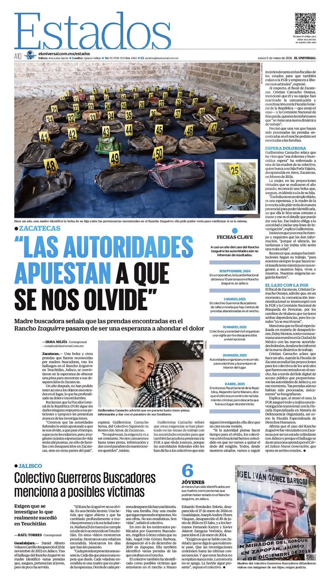 A un año del hallazgo en #RanchoIzaguirre; “las autoridades apuestan a que se nos olvide”, reclamo de madres buscadoras de Zacatecas 

FGR atrajo el caso; familias exigen respuesta y poder reconocer de manera presencial los objetos.

eluniversal.com.mx/estados/a-un-a… vía <a href="/El_Universal_Mx/">El Universal</a>