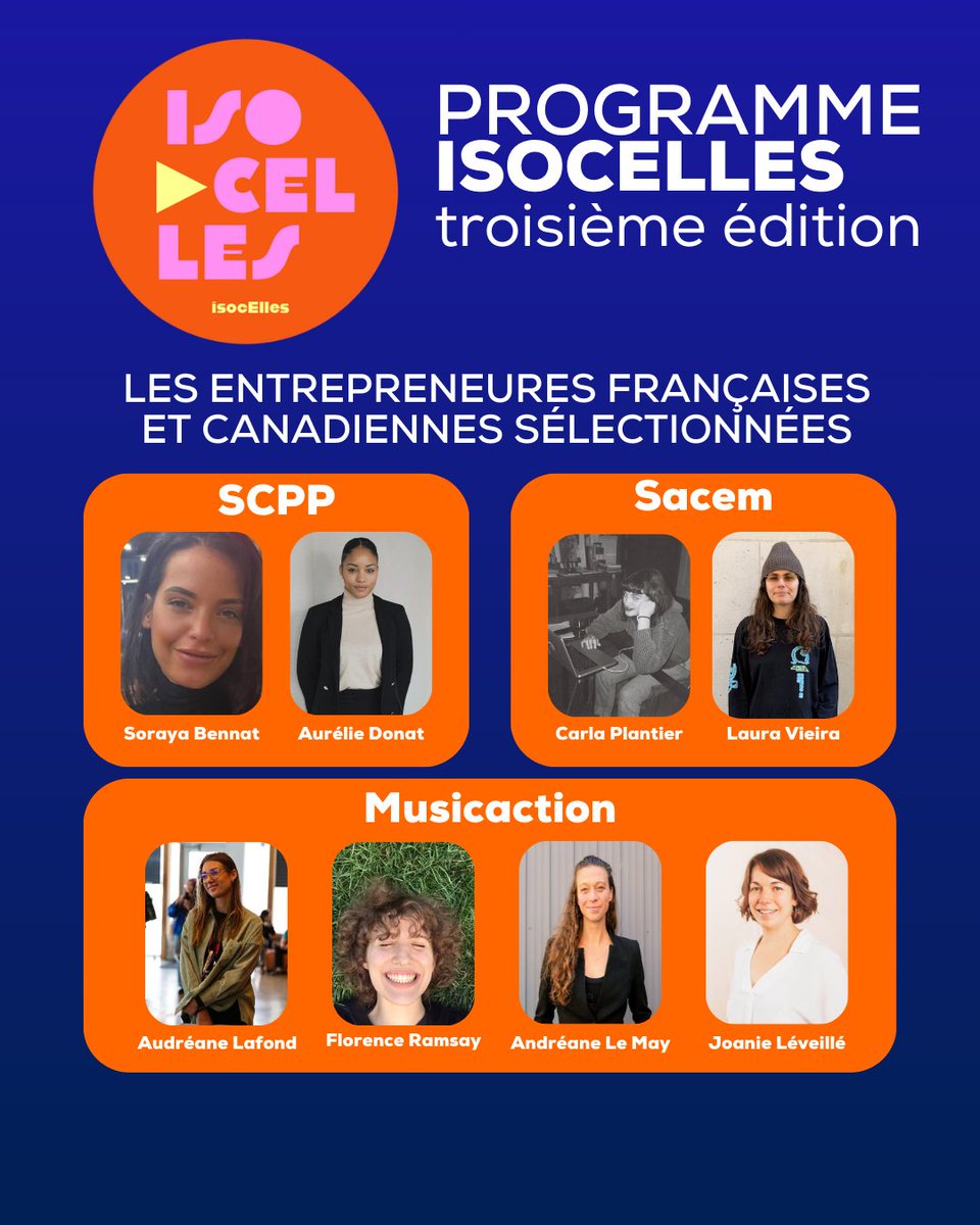 Troisième édition d’Isoc’Elles ! 🟠🎶

La SCPP soutient les femmes de la filière et invite deux productrices à participer au programme d’échange France/Canada 🇫🇷🇨🇦 avec la Sacem et Musicaction Canada 🙌

Félicitations à Soraya Bennat et Aurélie Donat ! 👏