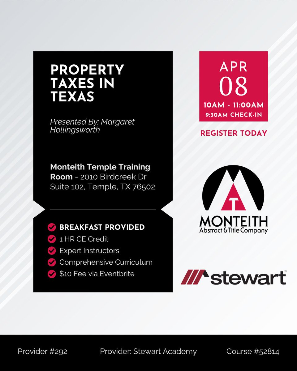 MonteithTitle's tweet photo. Register today to learn about property taxes in Texas! Link below.

https://t.co/MQZLRtIIiM https://t.co/z8uDSpDxCp