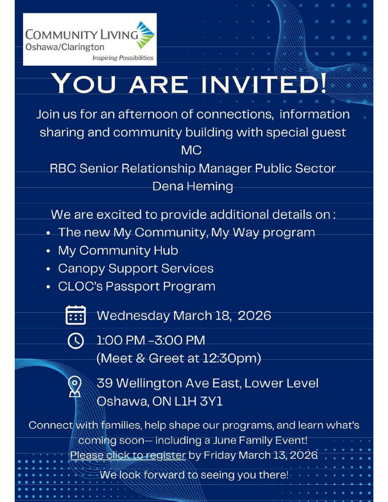 Join CLOC for an afternoon of information updates on our new My Community, My Way program, new My Community Hub bookings, Canopy Support Services and CLOC's Passport Services.  Friday March 13th at 1pm.  Register at: s.surveyplanet.com/bp4xvsxo  Everyone is welcome.