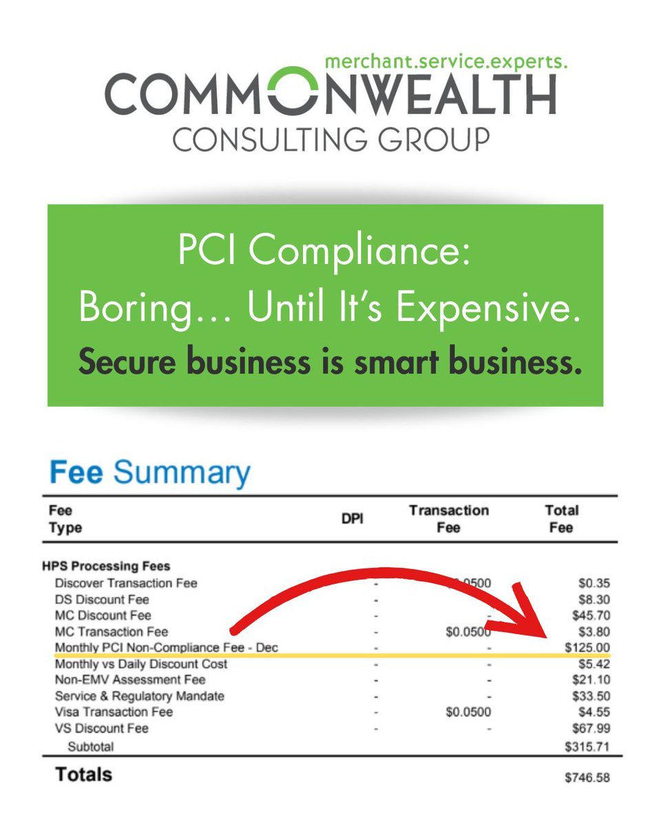 CommonwealthCG's tweet photo. No business wants surprise fees, higher processing costs, or unnecessary risk.
CCG simplifies PCI compliance — helping you validate, reduce exposure, and eliminate non-compliance fees that drain profits. https://t.co/ySw1Y6VcRC