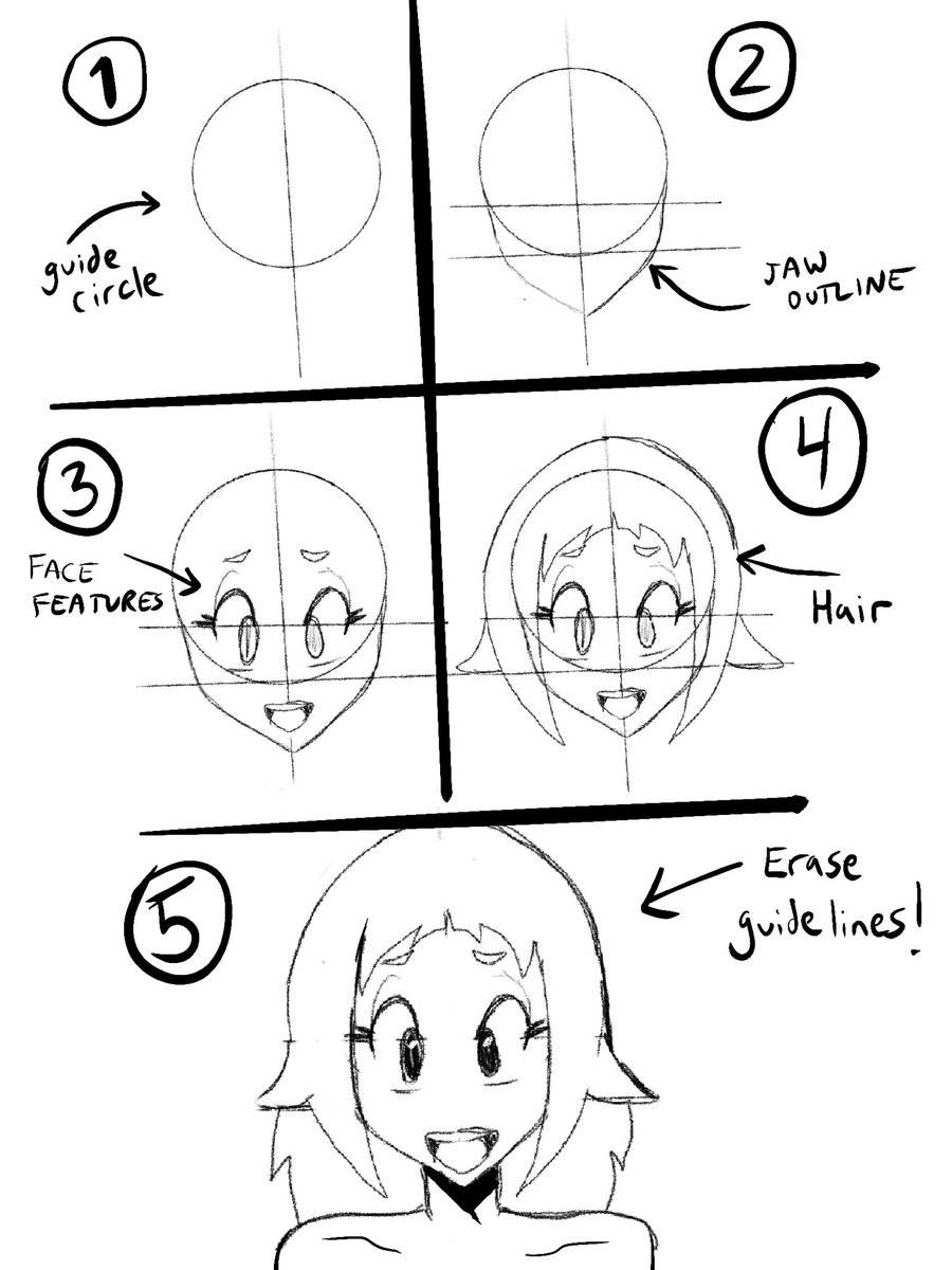 Here’s a basic anime girl head tutorial I made up! Try it yourself if you’re new to drawing and show me in the comments!