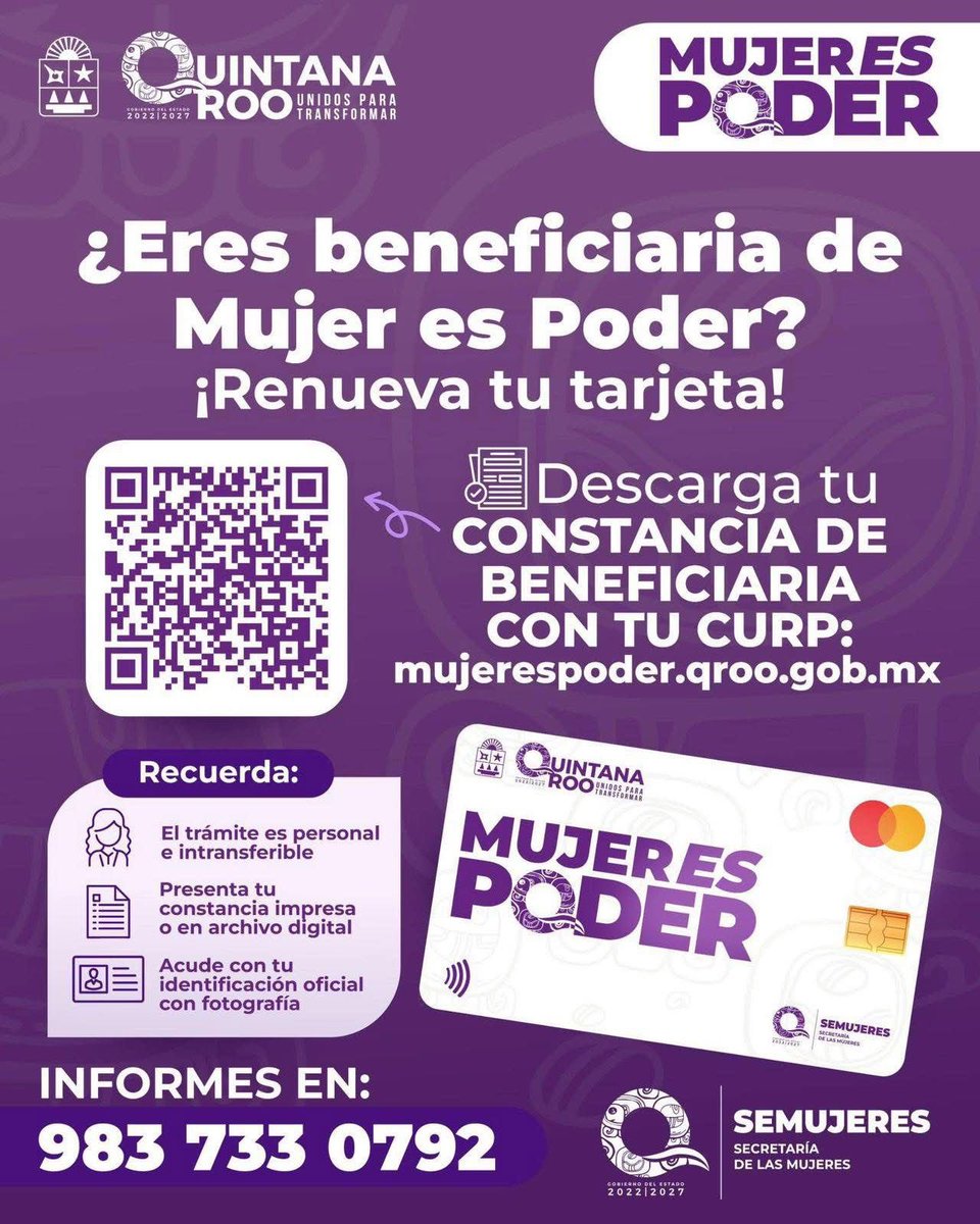 🙋🏽‍♀️ ¡Atención, beneficiarias de #MujerEsPoder en todo #QuintanaRoo!

La entrega y renovación de tarjetas avanza, y queremos que sigas contando con este apoyo que fortalece tu autonomía y el bienestar de tu familia, porque somos un gobierno #HumanistaConCorazónFeminista. 💜

Sigue