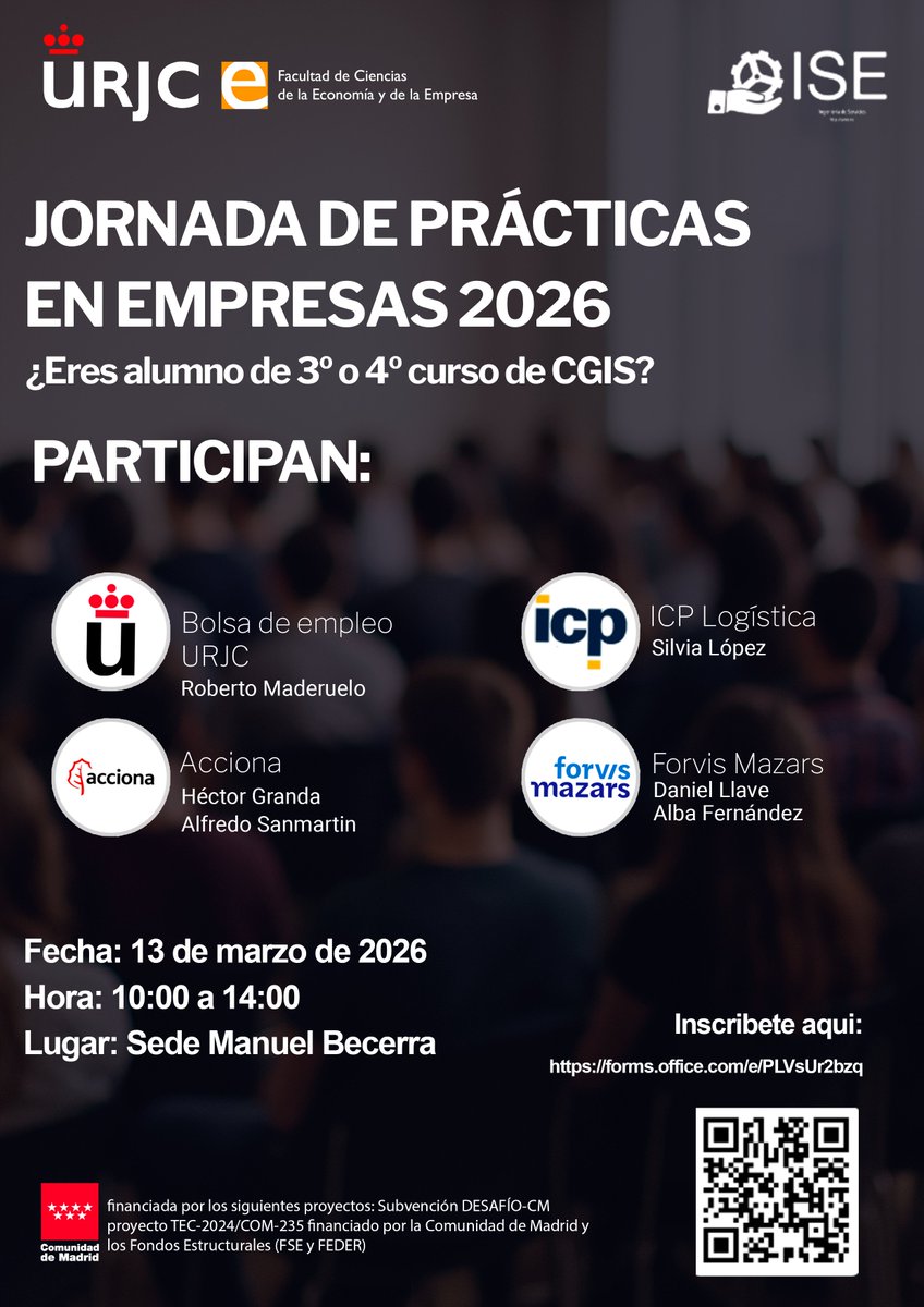 Recuerda que este próximo Viernes 13 de marzo te esperamos para celebrar 
hashtag#JornadasPracticasISE con grandes empresas del sector servicios!
🏠 Lugar: Salón de Grados, 2º planta. Ed. Manuel Becerra.
⏰ Hora: 10 a 14:00
🖊️ Apúntate en el link: lnkd.in/eNM25pub