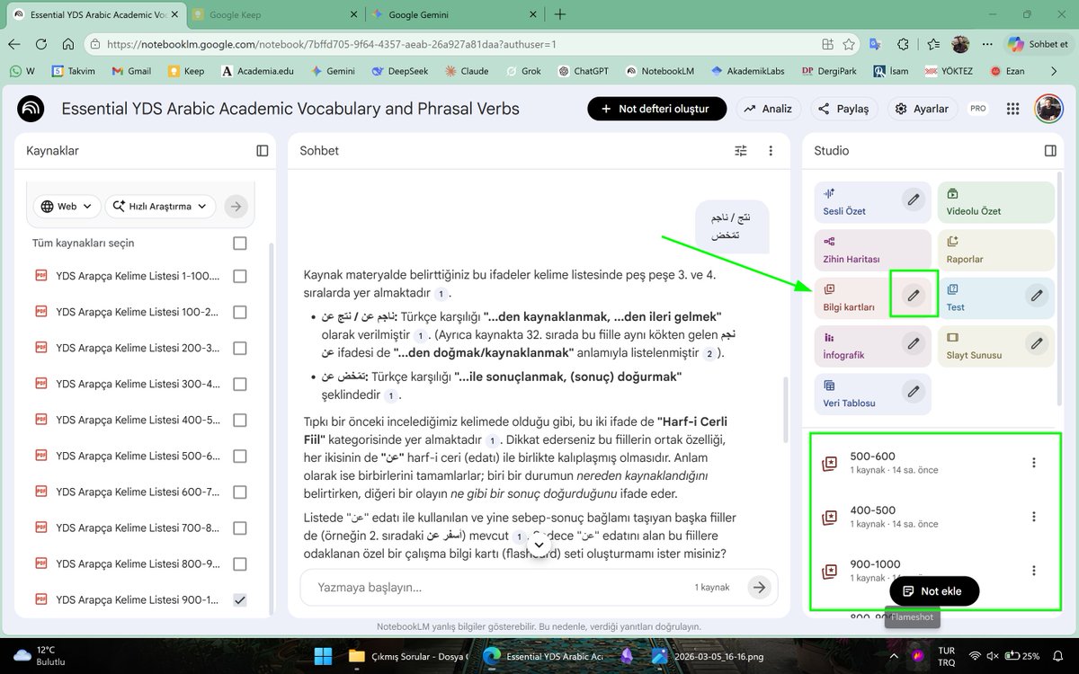 mustafakalfa__'s tweet photo. YDS ve YÖKDİL Arapça için kelime tekrarı yapmam gerekiyordu. Ama doğrudan ÖSYM'nin tercih ettiği kelimeleri istiyordum. Telegram gruplarından vs. bulabildiğim bütün çıkmış soruları indirip Gemini'a yükledim. Bu arada benim hızlıca bulabildiklerim şunlar:

https://t.co/Dohp7kGl6K

Gemini'dan bana 100'er kelimelik listeler oluşturmasını istedim. Sonrasında bu yüzlük paketleri pdf'e dönüştürüp NotebookLM'e yükledim. Her bir paket için ayrı ayrı bilgi kartları oluşturmasını söyledim. Hepsini tek seferde yapmaktansa bu şekilde daha etkili sonuçlar alıyoruz.

Telefona NotebookLM'in mobil versiyonunu indirdim. Ara sıra tekrar yapmak için kelime oyunu uygulaması olarak kullanıyorum :)

Tabii Play Store'da YDS-YÖKDİL ile ilgili uygulamalar mevcut. Hamza Özen ve Salih İşgüzar tarafından oluşturan YDS Arapça Sınav Asistanı (https://t.co/cE25xZDtew) da oldukça kıymetli araçlardan. Ben kendi ihtiyaçlarıma has özelleştirmeler yapabileceğim için NotebookLM'i de kullanışlı buldum. Bilgi Kartları seçeneği artık özelleştirilebiliyor. Yanındaki kalem simgesine tıklayarak istediğiniz türde kartlar oluşturabilirsiniz.