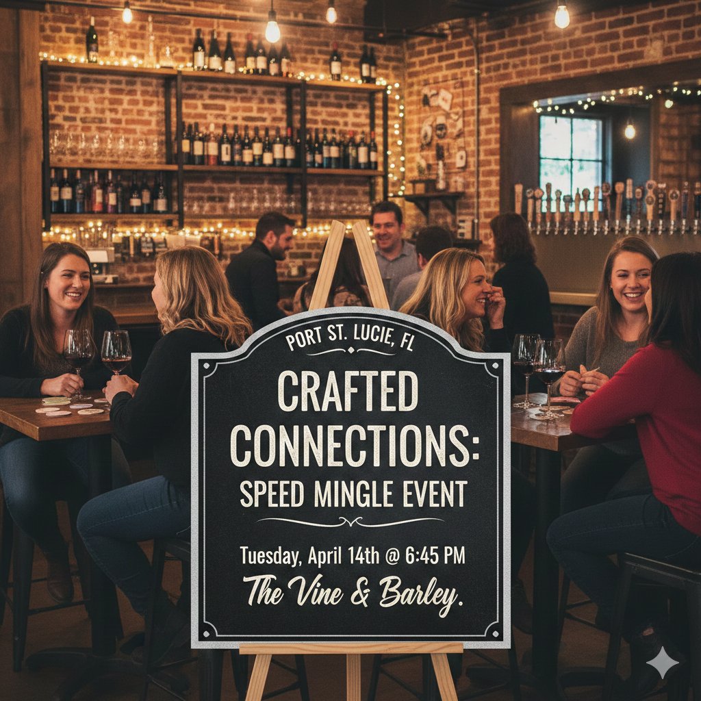 thespeedmingle's tweet image. Less scrolling, more swirling. 🍷

Join us at The Vine &amp;amp; Barley for a night of curated connections. We handle the icebreakers; you enjoy the vibe.

📍 Port St. Lucie
🗓️ April 14 @ 6:45 PM

Get your tickets: zurl.co/NHk8a

#PSL #TreasureCoast #SmartSync