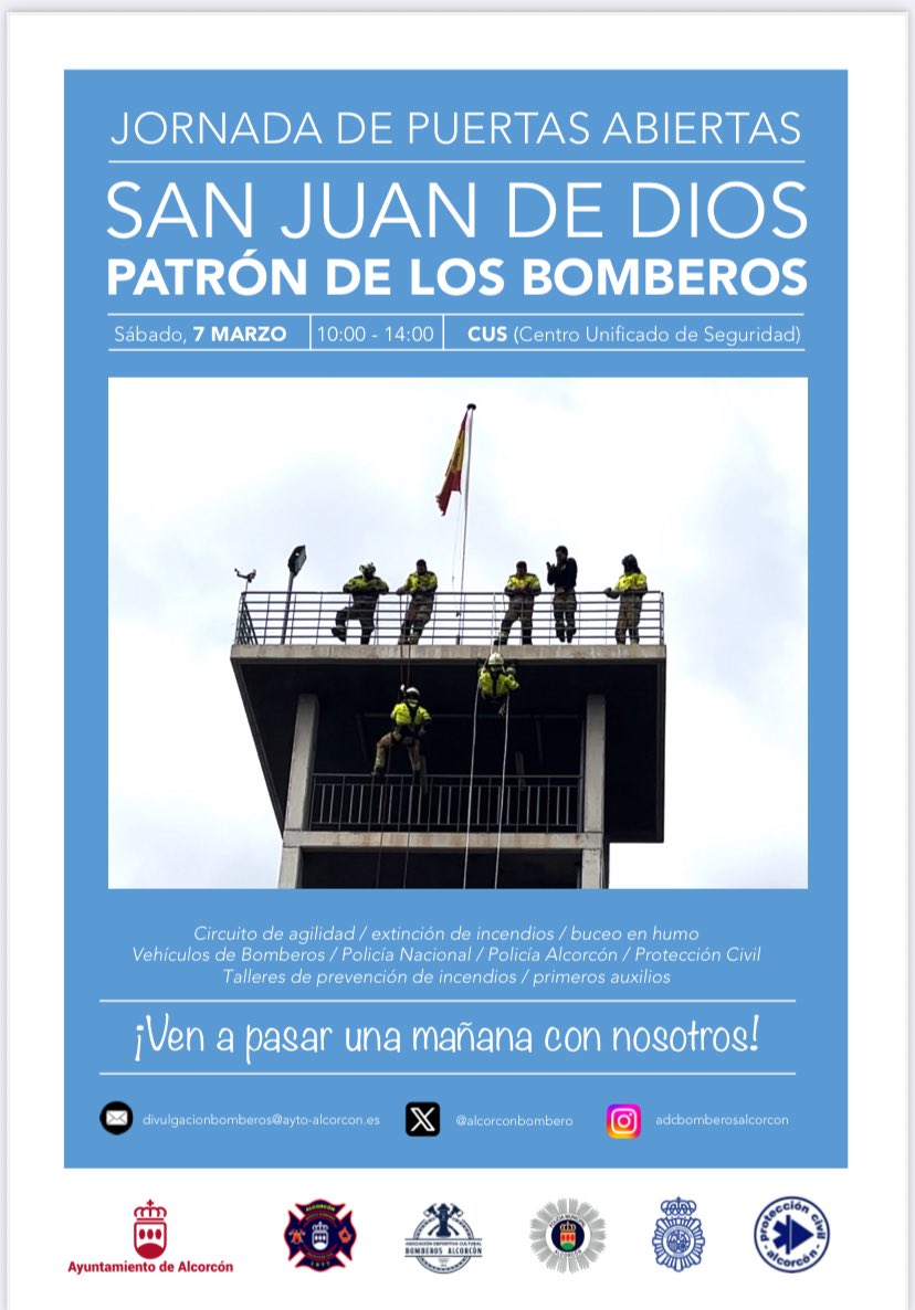 alcorconbombero's tweet photo. Ya queda muy poco!
Solo dos días para celebrar a nuestro patrón, San Juan de Dios, con todos vosotros.

📍 En el CUS de #Alcorcón
🔧 Talleres, actividades y dos exhibiciones que seguro os encantarán.

¡Os esperamos para pasar una mañana inolvidable! 🚒🚑🚓 https://t.co/tstbKW8BXk