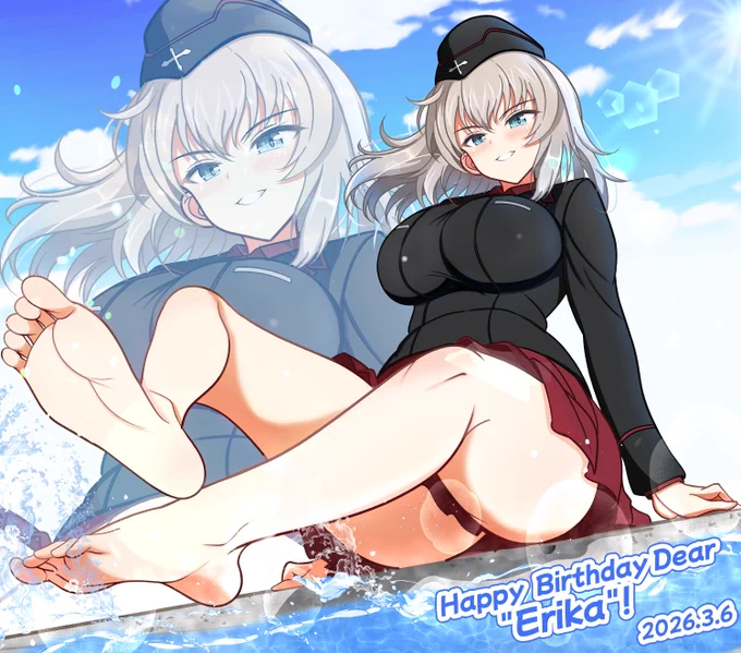 エリカさんお誕生日おめでとうございます!隊長職で多忙の中、練習後に近くの足湯でくつろぐイメージで描いてみました。たまにはゆっくりしてくださいね(⁠*⁠'⁠ω⁠`⁠*⁠) #逸見エリカ生誕祭2026 #逸見エリカ生誕祭