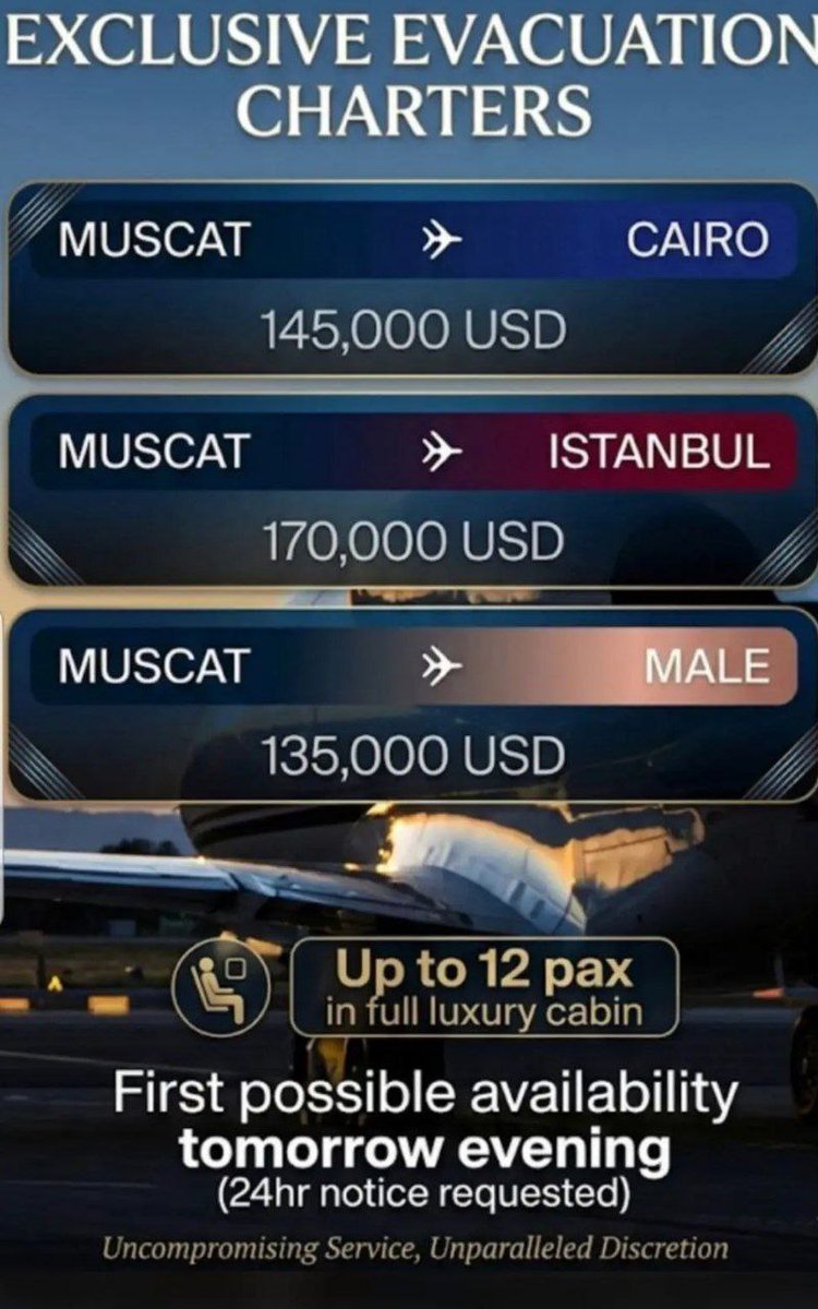 ruswar's tweet image. Evacuations from the Middle East are generating more revenue than arms or drug trades. The cost of chartering an entire plane is cheaper than a single seat.

#MiddleEast #Evacuation #AirFreight #Profit #Logistics #ArmsTrade #DrugTrade