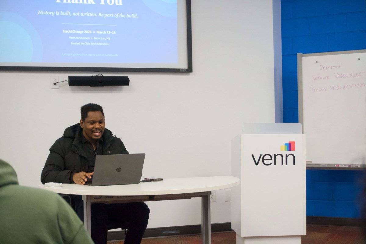 PsudoMike's tweet photo. Tonight I walked a room full of developers, designers and innovators through "How to Build an MVP in Under 48 Hours" at @VennInnovation.
10 days until Hack4Change 2026 kicks off. 48 hours.
Moncton, the future is loading.
#Hack4Change #CivicTech #Moncton https://t.co/qbLHpBcFkk