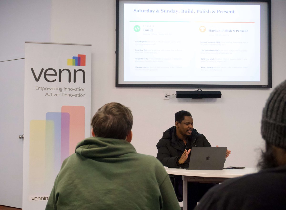 PsudoMike's tweet photo. Tonight I walked a room full of developers, designers and innovators through "How to Build an MVP in Under 48 Hours" at @VennInnovation.
10 days until Hack4Change 2026 kicks off. 48 hours.
Moncton, the future is loading.
#Hack4Change #CivicTech #Moncton https://t.co/qbLHpBcFkk