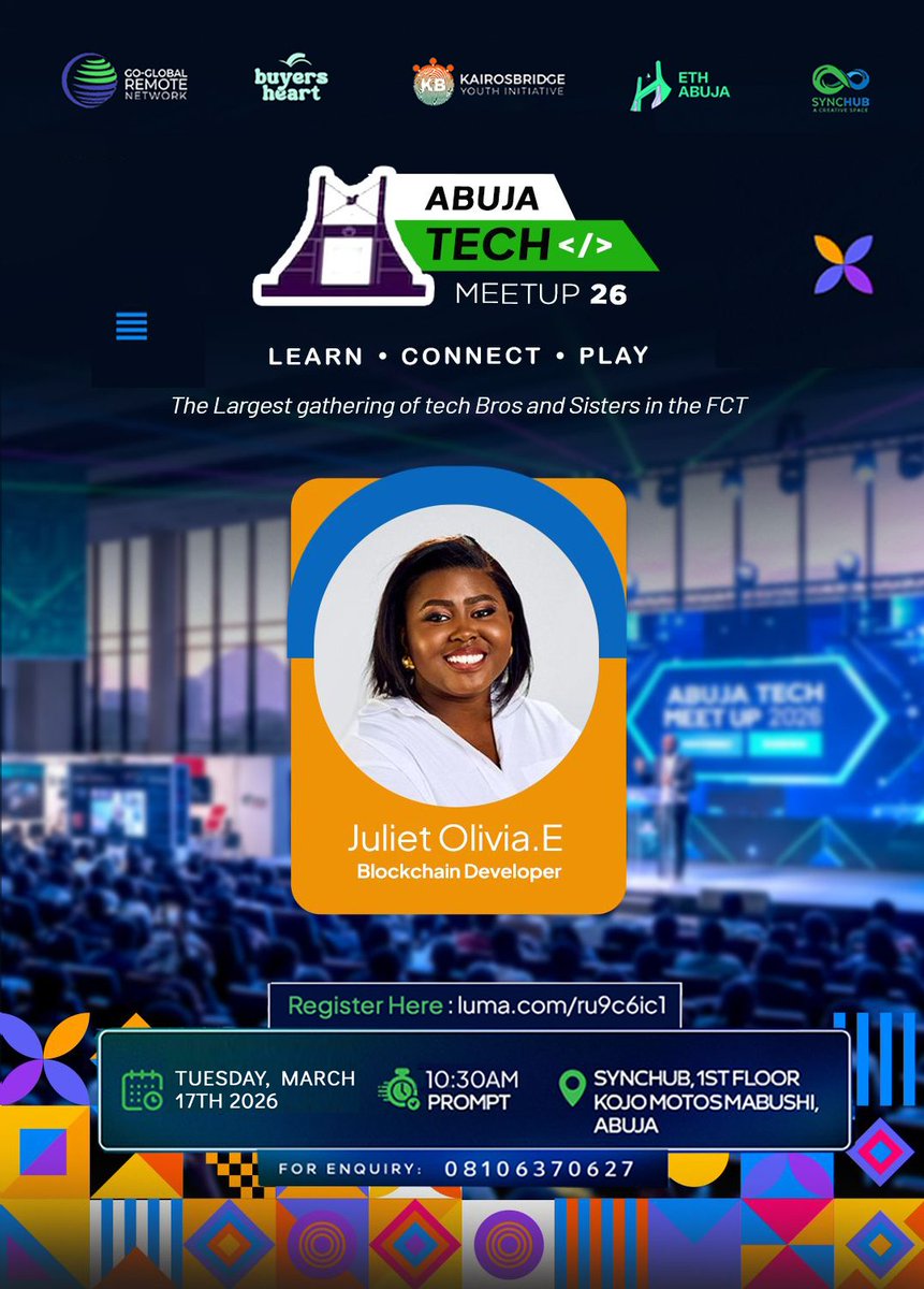 Goglobanetwork's tweet photo. Meet the Speaker 🎤

We’re excited to have Juliet Olivia Emmanuel joining us at the Abuja Tech Meet Up.

Juliet is a Web3 Product Engineer, DevRel at Dev3pack, Blockchain School Lead at Colab, and Technical Writer, focused on building scalable blockchain products. https://t.co/8aidOP11GL