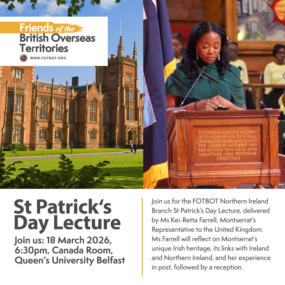 FOTBOT Northern Ireland will host its Inaugural St Patrick’s Day Lecture on 18 March at 6:30pm at Queen’s University Belfast.

The keynote address will be delivered by 
<a href="/KeiRettaFarrell/">Kei-Retta Farrell (She/Her) 🇲🇸</a>, Montserrat’s Representative to the UK.

Click the link in the thread to confirm your place.