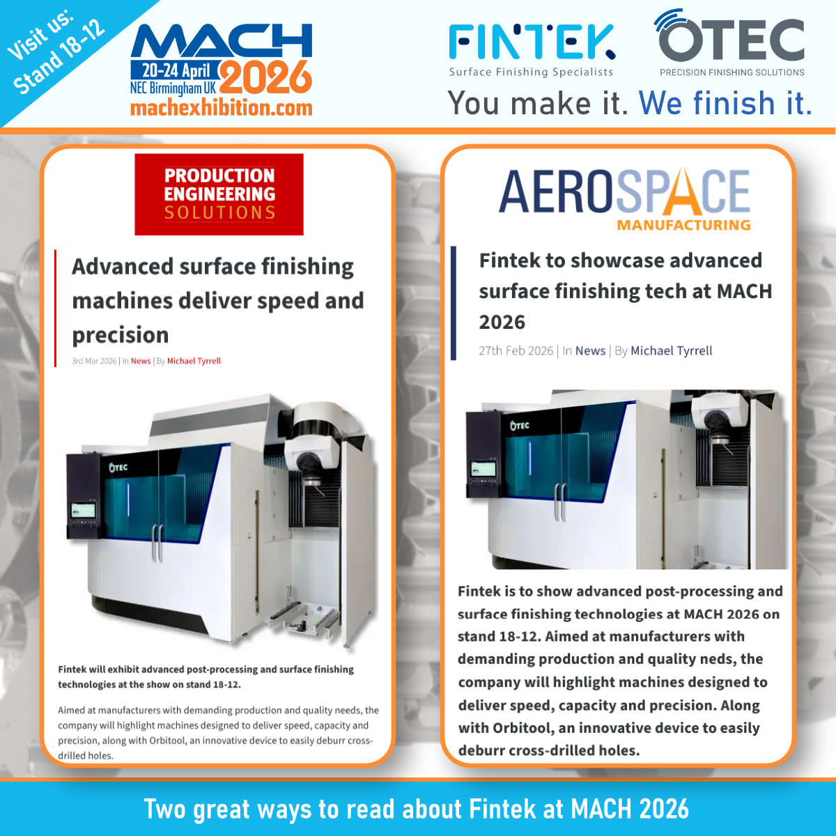 fintek1's tweet image. If you are tackling tighter tolerances, increasing component size &amp;amp; the push for repeatable #surfacefinishing quality, visit Fintek’s MACH 2026 stand 18-12. Read more in: Aerospace Manufacturing: bit.ly/4lazi5O, Production Engineering Solutions: bit.ly/47czWdo