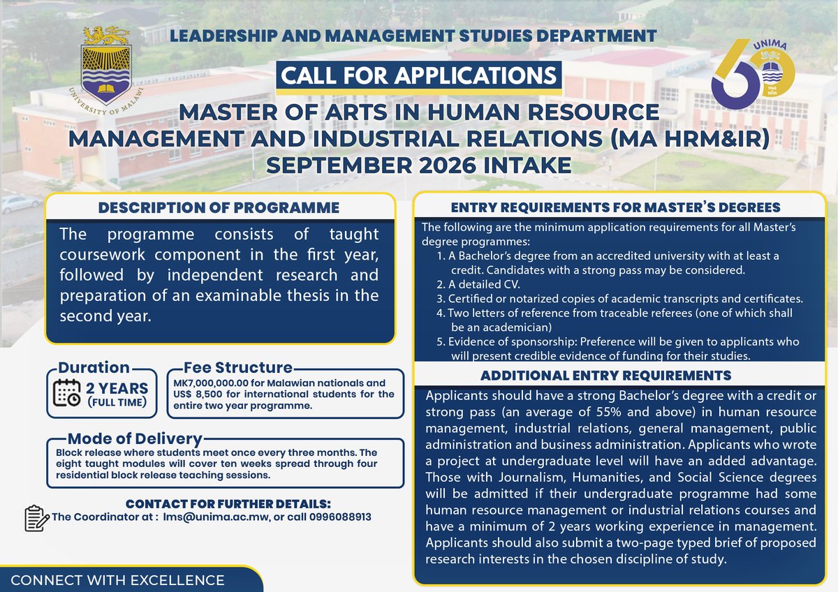 LMS_Dpt_unima's tweet photo. Apply and be part of the Leadership and Management Studies Department Master's Family 📄

All the very best 😎

#UNIMA #LMS #MastersProgramme https://t.co/Zj2y1zy4UN