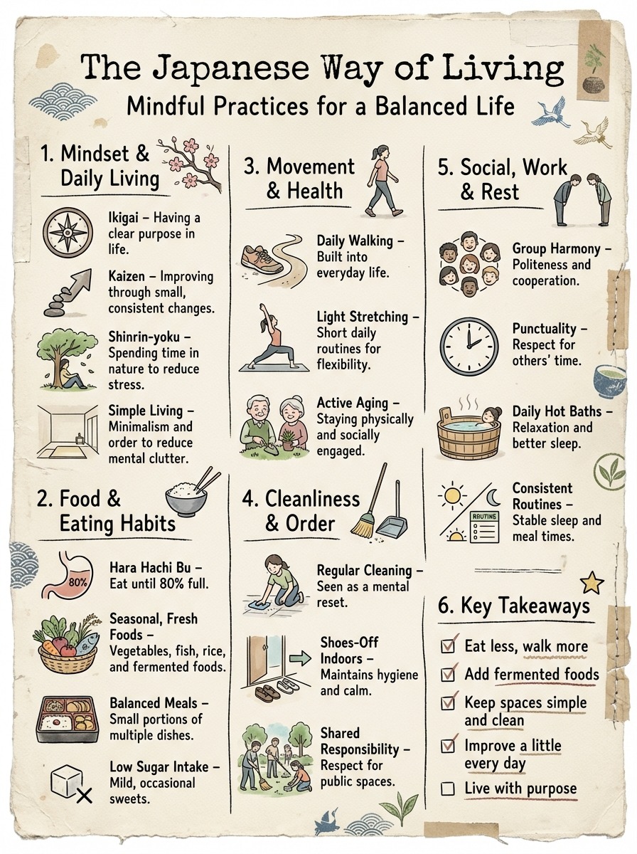 วิถีการใช้ชีวิตแบบญี่ปุ่น เน้นการสร้างสมดุลและสติในชีวิตประจำวัน
สรุป​ 6​ key takeaway 
- ​กินให้น้อยลง เดินให้มากขึ้น
- ​เพิ่มอาหารหมักดองในมื้ออาหาร
- ​รักษาที่อยู่อาศัยให้เรียบง่ายและสะอาด
- ​พัฒนาตัวเองทีละน้อยในทุกวัน
- ใช้ชีวิตอย่างมีเป้าหมาย
(ขอเสริม)​
-