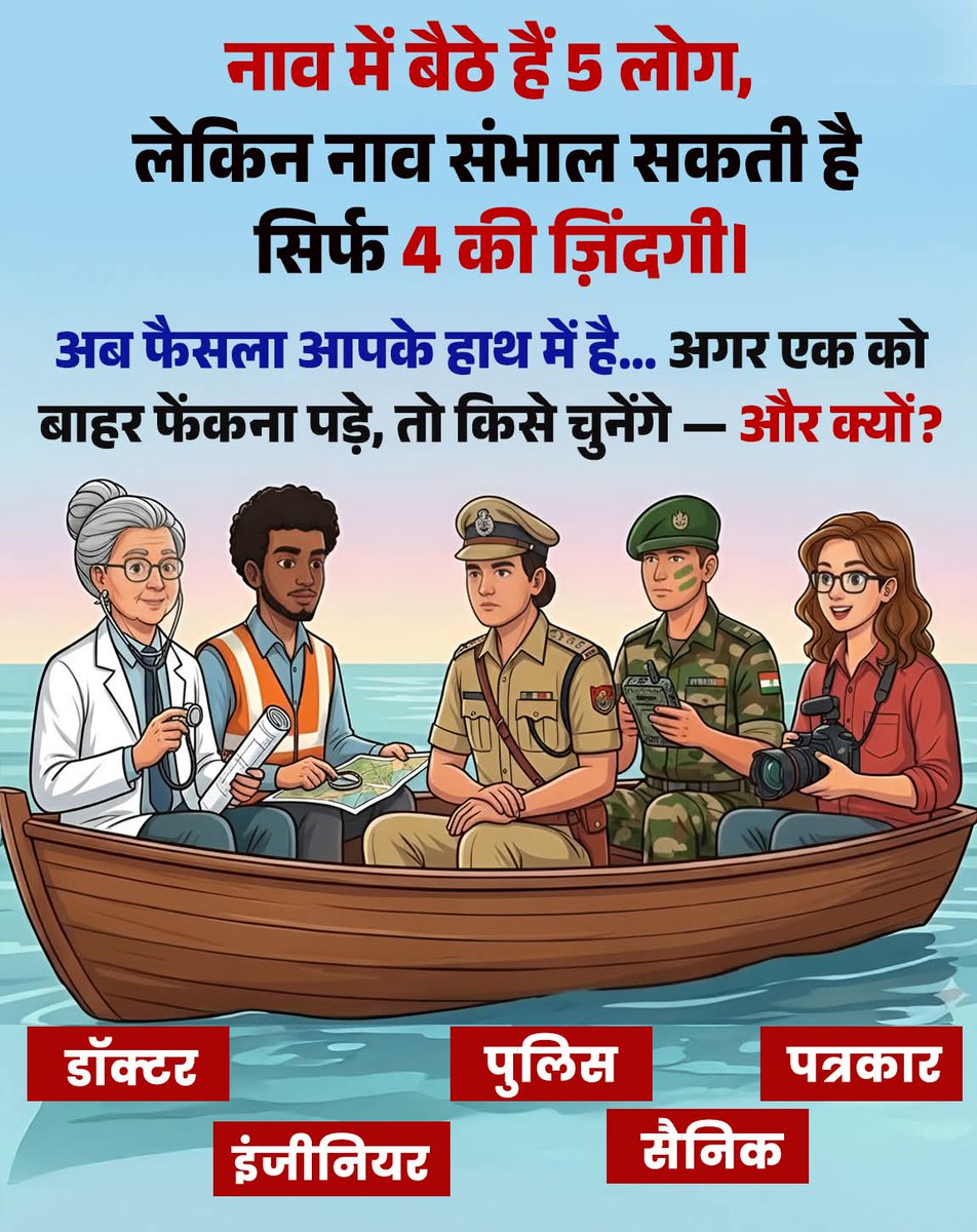 GorA013's tweet photo. नाव में 5 लोग बैठे है... 
1  Doctor
2 इंजीनियर
3 पुलिस अधिकारी
4 सैनिक
5 पत्रकार  
नाव  सिर्फ 4 की जिंदगी बचा सकती है... 
अगर एक को बाहर करना पड़े तो आप किसको बाहर करेंगे ?  किसको चुनेंगे? 
#PublicOpinion  #MindTest  #ViralQuestion https://t.co/cte3b4UEEl