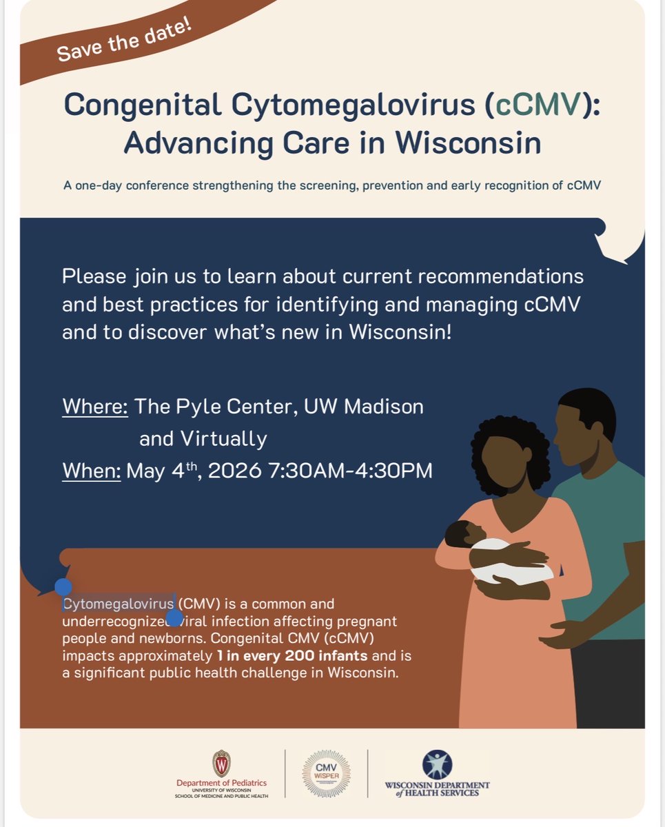 NationalCMV's tweet photo. Please join us to learn about current recommendations  and best practices for identifying and managing cCMV
and to discover what’s new in Wisconsin! https://t.co/lfHPkqonE0