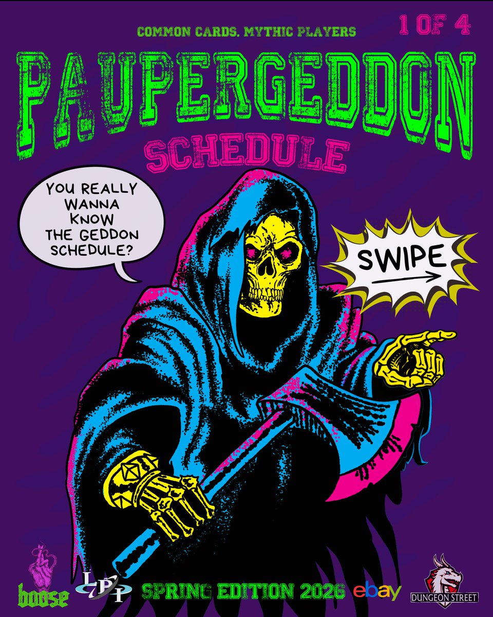 paupergeddon's tweet photo. The full Paupergeddon Spring Edition 2026 schedule is out.

3 days of Pauper.
Main Event, World Cup, side events &amp; more.

See the overview in the slides.
Full details here https://t.co/uviN4dK3bv

Stay tuned
Stay Pauper https://t.co/mxn2ThJcMt