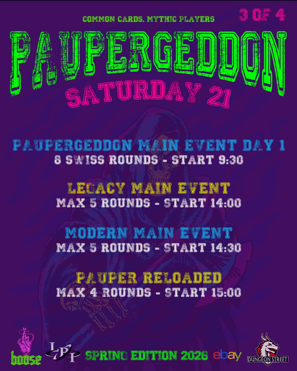 paupergeddon's tweet photo. The full Paupergeddon Spring Edition 2026 schedule is out.

3 days of Pauper.
Main Event, World Cup, side events &amp; more.

See the overview in the slides.
Full details here https://t.co/uviN4dK3bv

Stay tuned
Stay Pauper https://t.co/mxn2ThJcMt
