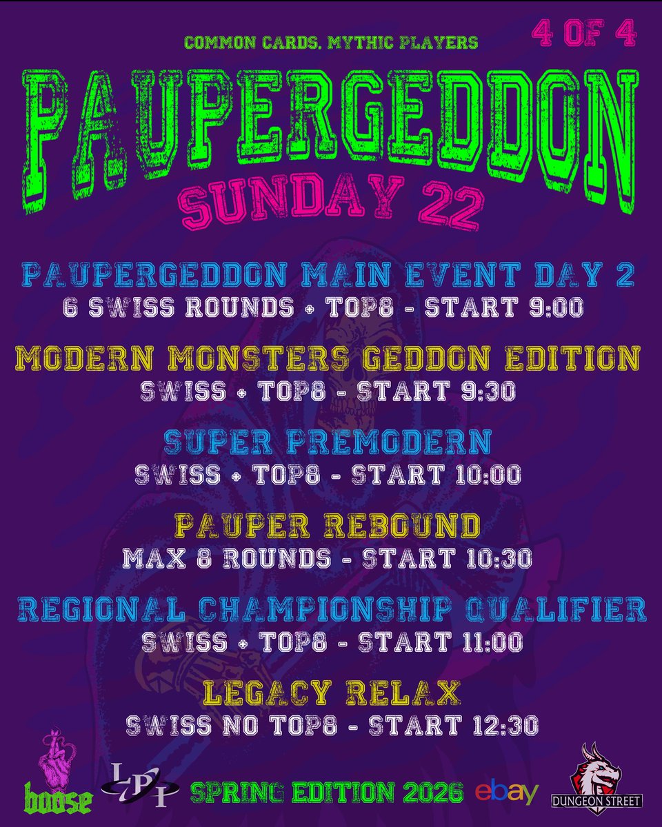 paupergeddon's tweet photo. The full Paupergeddon Spring Edition 2026 schedule is out.

3 days of Pauper.
Main Event, World Cup, side events &amp; more.

See the overview in the slides.
Full details here https://t.co/uviN4dK3bv

Stay tuned
Stay Pauper https://t.co/mxn2ThJcMt