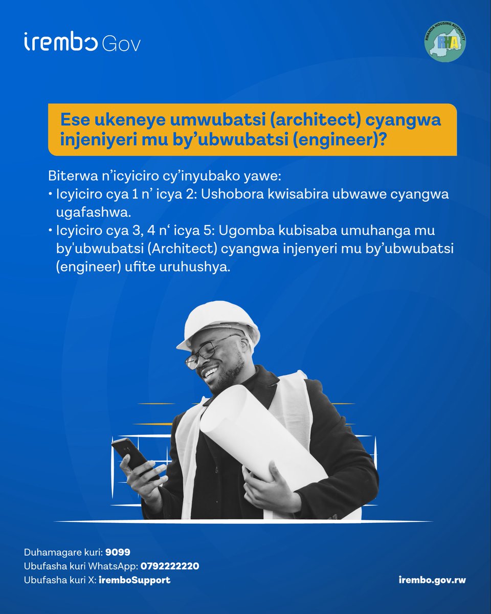 IremboGov's tweet photo. Waba ushaka kubaka inyubako nshya? Mbere yo gusaba Uruhushya rwo Kubaka Inyubako Nshya unyuze ku rubuga IremboGov, dore amakuru y’ingenzi ukwiye kumenya, harimo ibyo usabwa bitewe n’icyiciro cy’inyubako yawe, n’ibindi byinshi. https://t.co/bQl32t6pVb