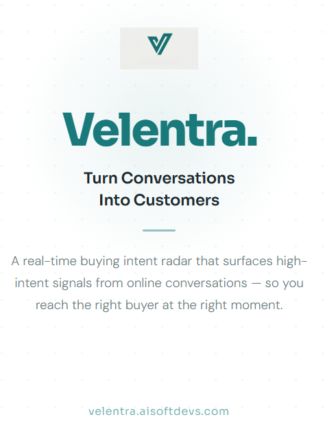 SarmadRafique2's tweet photo. Your next SaaS customer is already asking for your product.

Just not on your website.

They’re asking on places like Reddit:

“Is there a tool that can do X?”
“What do you use for Y?”
“Any alternatives to Z?”
That’s raw buying intent.
But most SaaS teams never see these signals.

They rely on:
• ads
• SEO
• cold outreach

I’m building Velentra,  a SaaS Buying Intent Radar that detects these signals early.

So founders can engage when demand appears, not weeks later.

If you're building in B2B SaaS and care about distribution, follow along.
