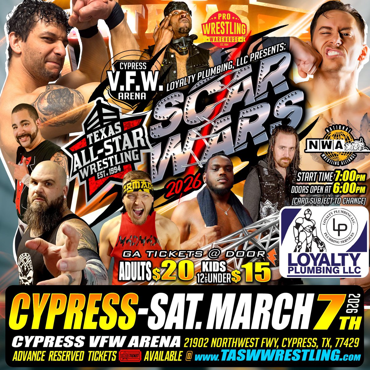 TASWwrestling's tweet photo. 🚨TASW LIVE - “SCAR WARS” THIS SATURDAY MARCH 7TH, @ THE HISTORIC CYPRESS VFW ARENA! BROUGHT TO YOU BY: LOYALTY PLUMBING LLC! 

Doors 6pm | Show 7pm

Location:
HISTORIC CYPRESS 
VFW ARENA - 21902 
NORTHWEST FWY, CYPRESS, TX, 77429

Order Reserved 🎟️ @
https://t.co/G72Yqlj1CK https://t.co/y89NNayZf3