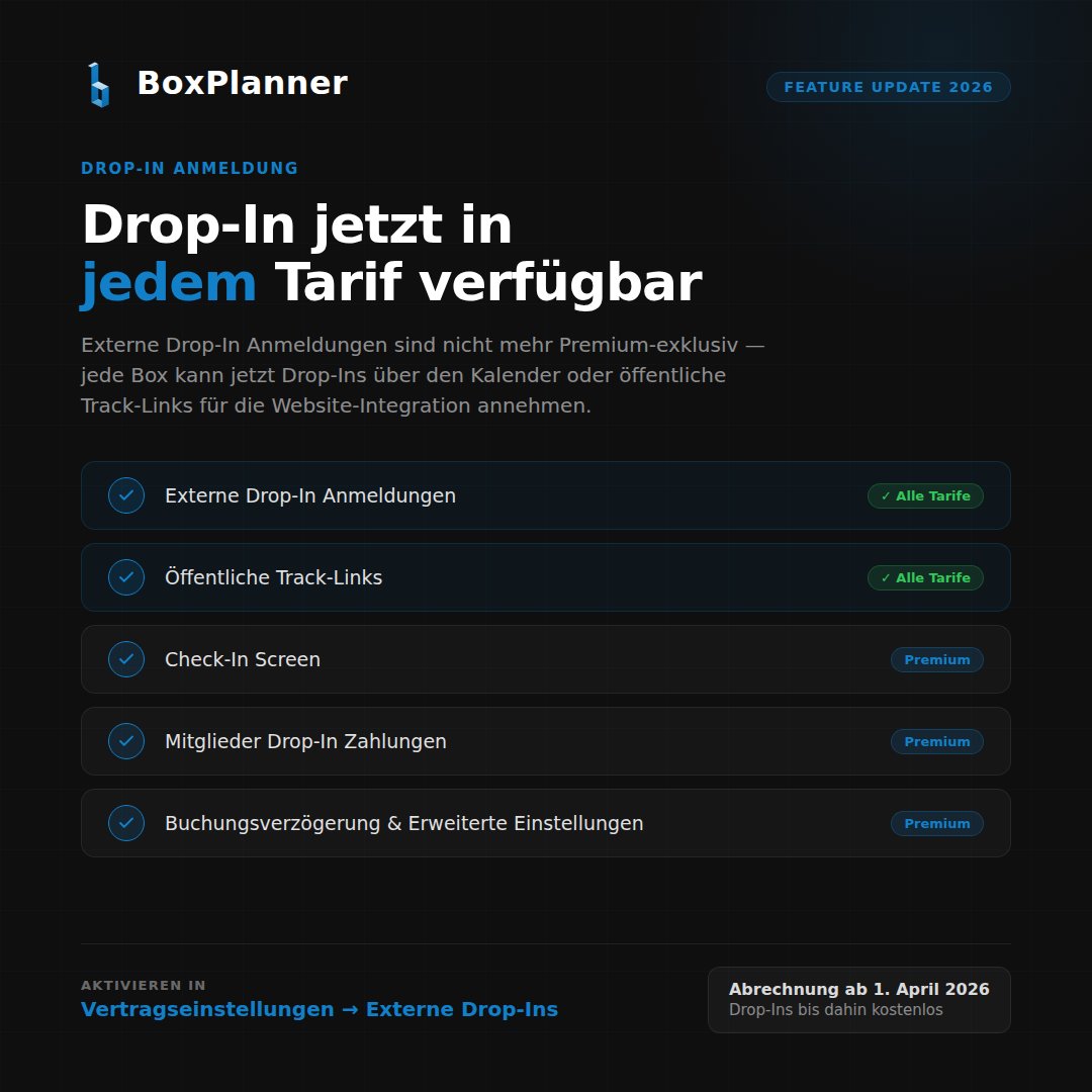 boxplanner's tweet photo. Drop-In jetzt für alle Boxen verfügbar 🎉

  Bisher war die externe Drop-In Anmeldung Premium-exklusiv. Ab sofort können alle Boxen externe Drop-Ins über ihren Kalender oder öffentliche Track-Links
  für die Website-Integration annehmen – ohne Premium-Abo.

  ✅ Alle Tarife:
  - Externe Drop-In Anmeldungen
  - Öffentliche Track-Links für die Website-Integration

  ⭐ Premium:
  - Check-In Screen (Tablet/Kiosk)
  - Mitglieder Drop-In Zahlungen
  - Buchungsverzögerung & Erweiterte Einstellungen

  📍 Aktivieren: Vertragseinstellungen → Externe Drop-Ins (standardmäßig aktiviert)

  ℹ️ Drop-Ins werden ab 1. April 2026 als abrechenbare Nutzer gezählt.

#CrossFit #BoxPlanner #DropIn #CrossFitDACH